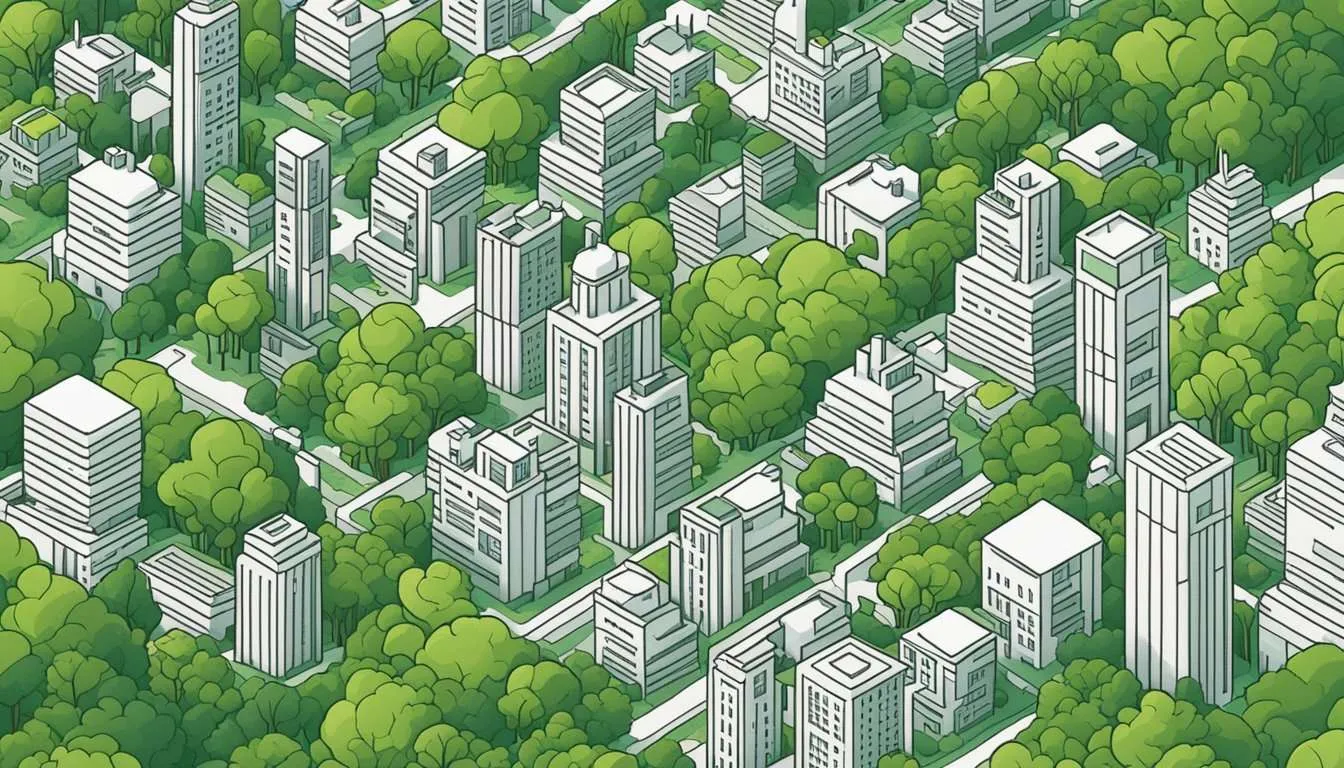 A bustling city with clear skies and lush greenery, showcasing reduced pollution and improved air quality due to decreased CO2 emissions