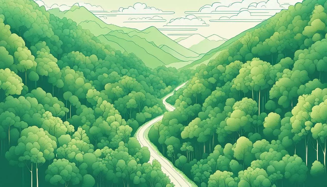 A lush green forest with clear blue skies, clean air, and diverse wildlife thriving due to reduced emissions of carbon dioxide