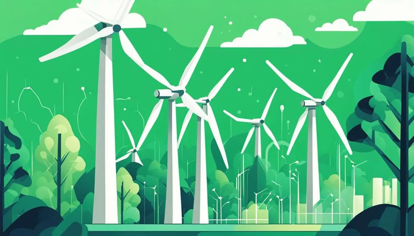 A factory emitting CO2 while wind turbines generate clean energy. Trees absorb CO2, reducing emissions.