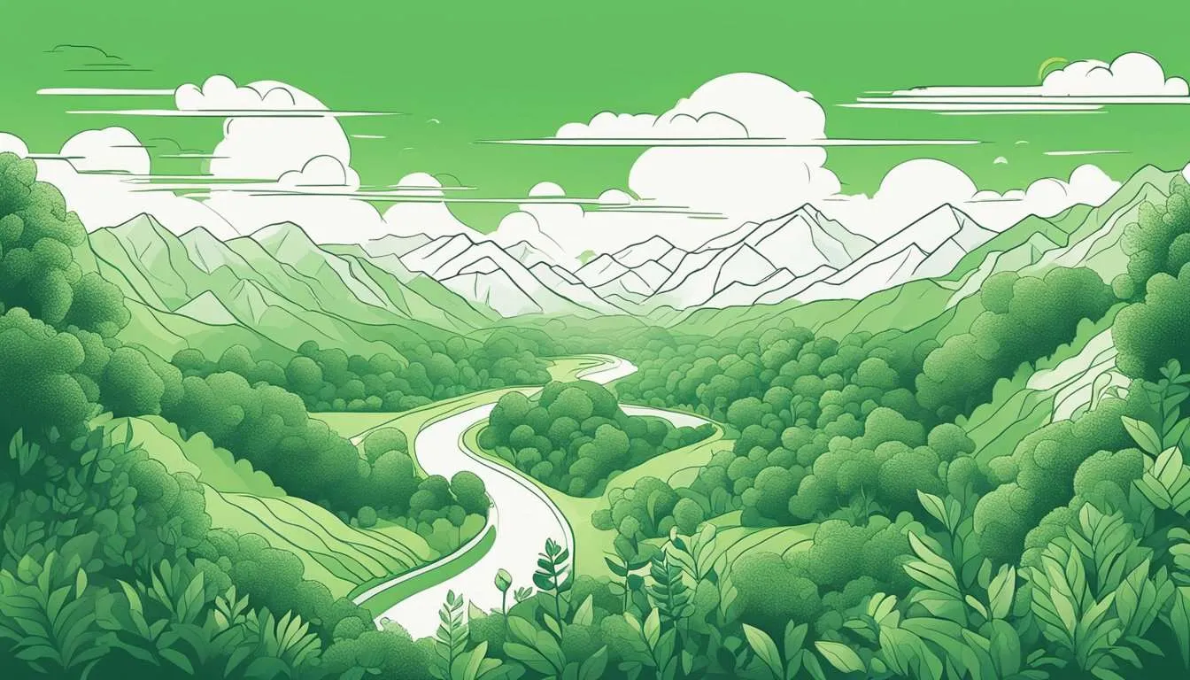 A lush green landscape with clear skies, clean air, and thriving wildlife, showcasing the benefits of reduced CO2 emissions