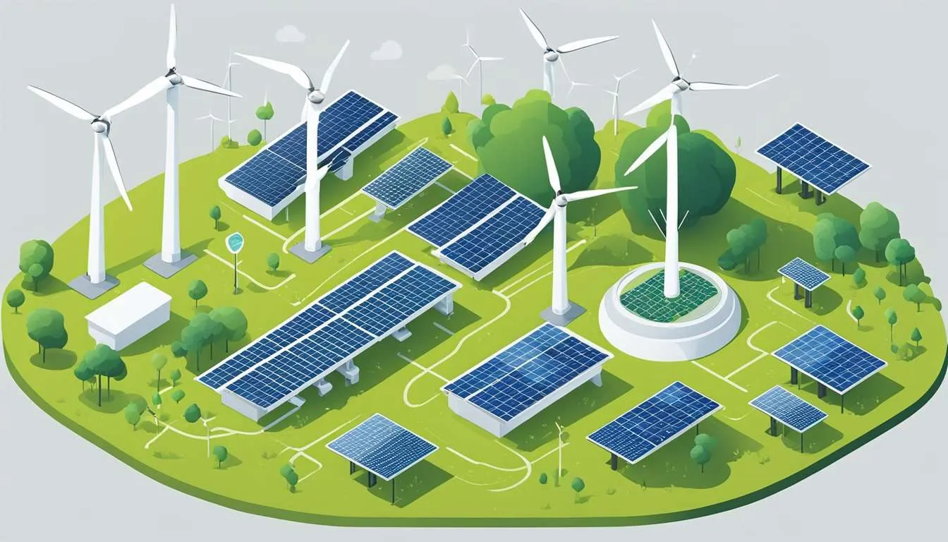Wind turbines and solar panels on a green landscape, with data analytics software monitoring energy production and maintenance schedules