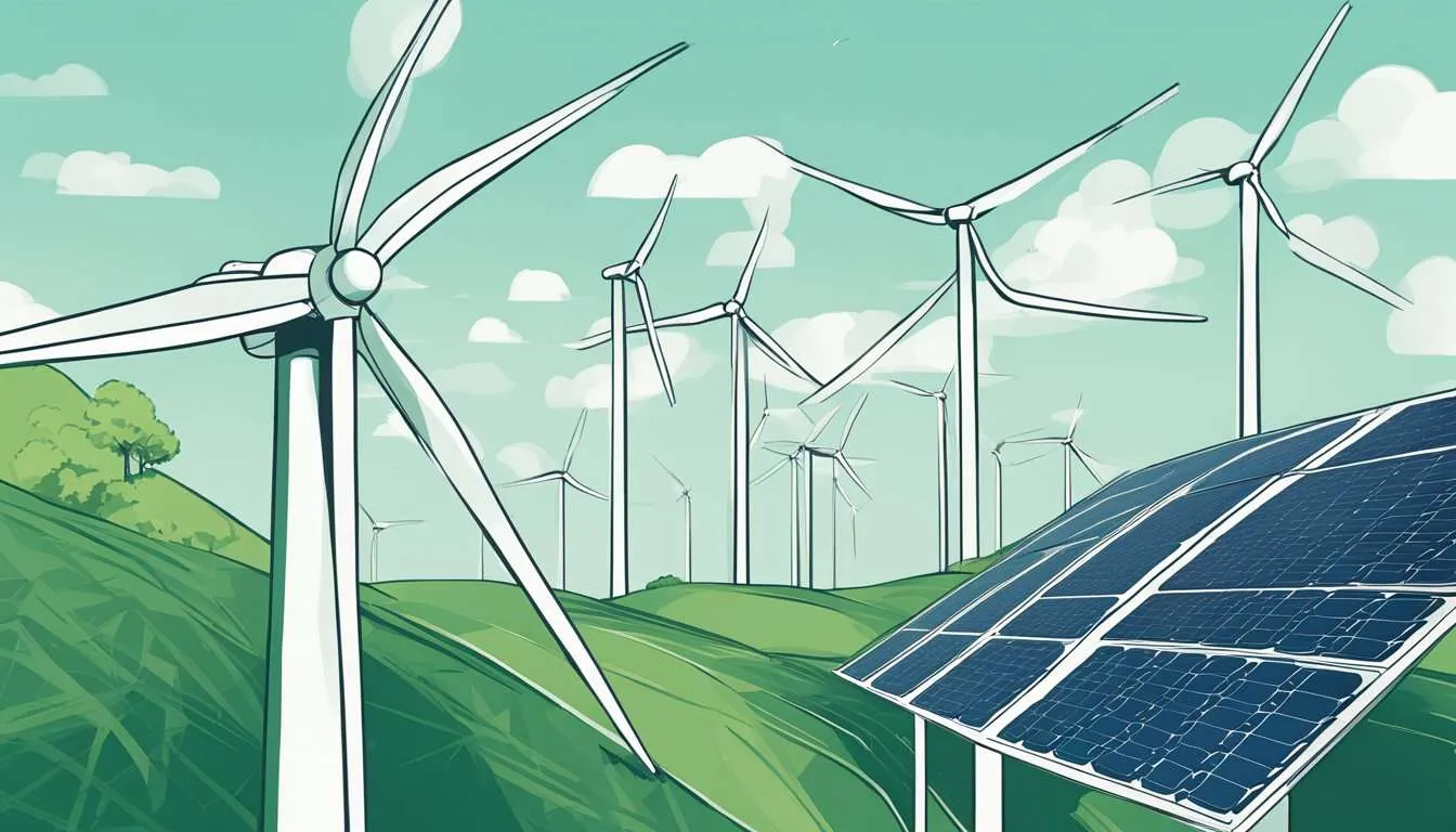A wind turbine stands tall against a clear blue sky, its blades spinning gracefully as it harnesses the power of the wind. In the foreground, solar panels glisten in the sunlight, generating clean, renewable energy