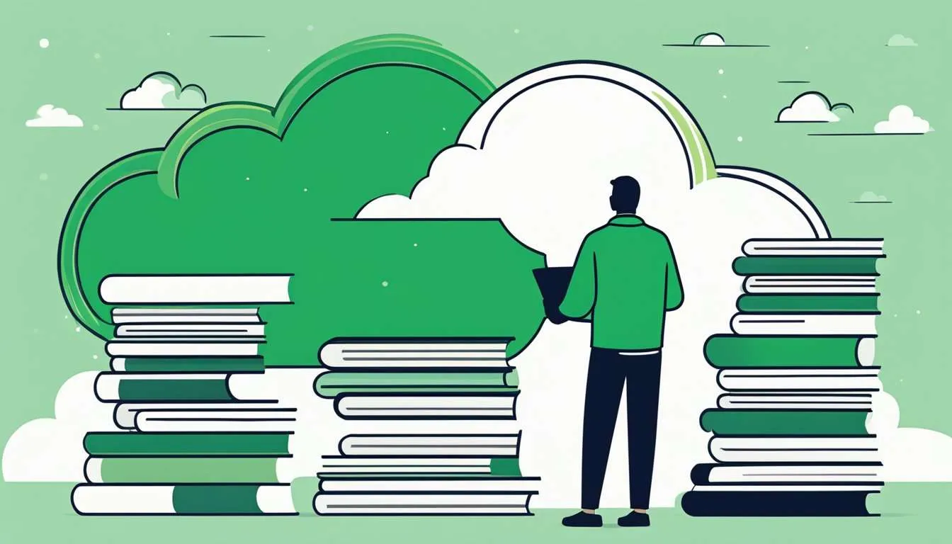 A stack of books with a shadowy figure standing in front, and a dark cloud hovering above, representing the disadvantages of renewable energy.