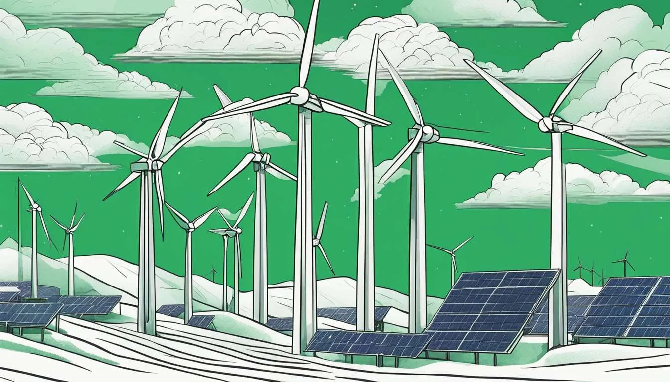 Dark clouds loom over a wind farm, causing the turbines to come to a standstill. Solar panels sit idle under a thick layer of snow, unable to generate power