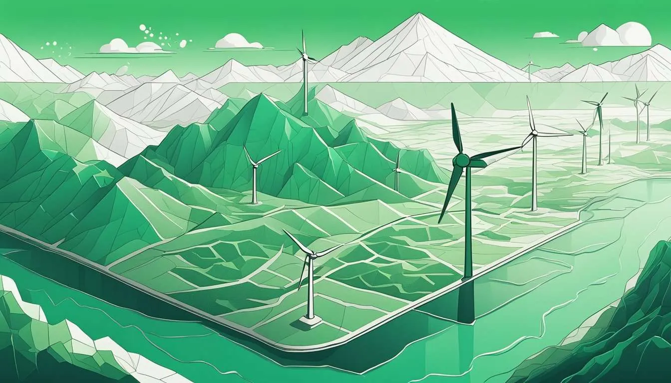Barren land with wind turbines surrounded by mountains and water, with limited sunlight
