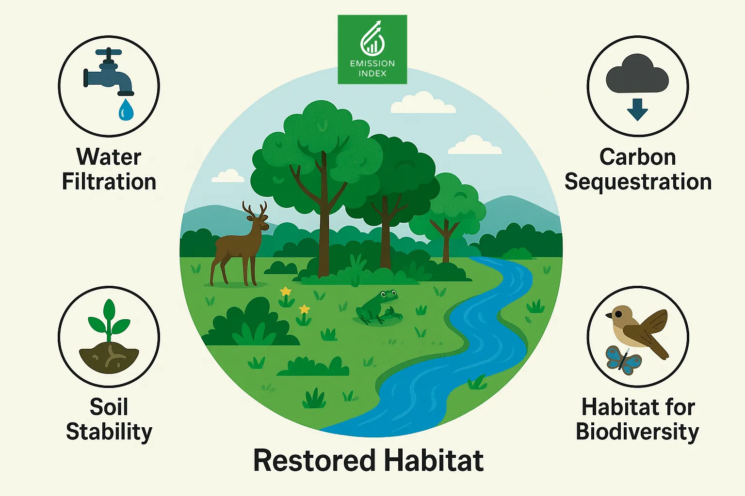 Infographic with icons representing services like water filtration, carbon sequestration, soil stability, and habitat for biodiversity, arranged around a restored habitat.