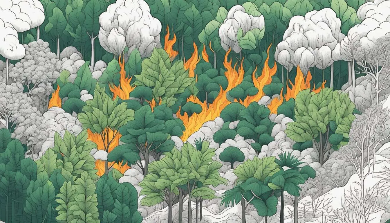 A dense tropical forest is being cleared by fire. The flames consume the underbrush, leaving behind charred remnants and ash. Dense smoke rising from the burning foliage, highlighting the destructive aspect of slash-and-burn agriculture.