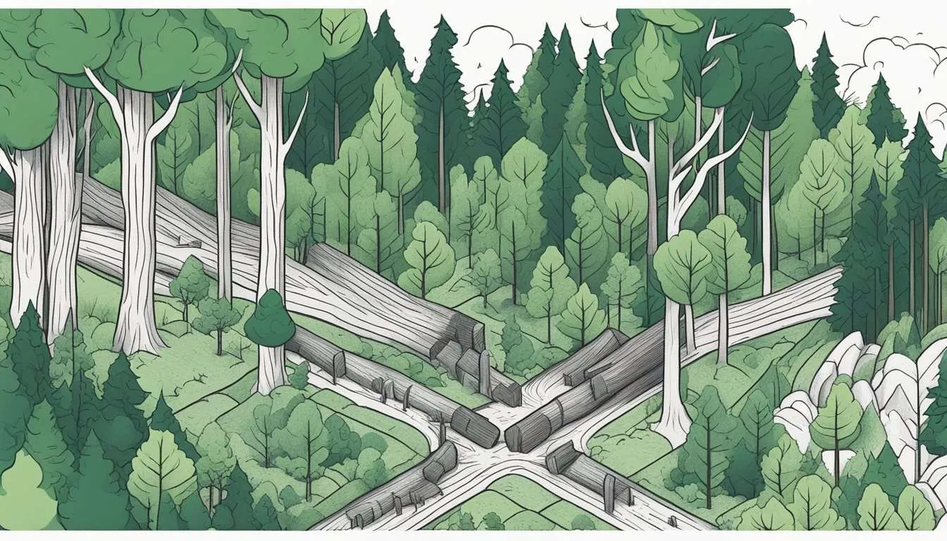 An artistic depiction of a forest with fallen logs and a crossroad, representing deforestation and the intersection of human activity with nature.