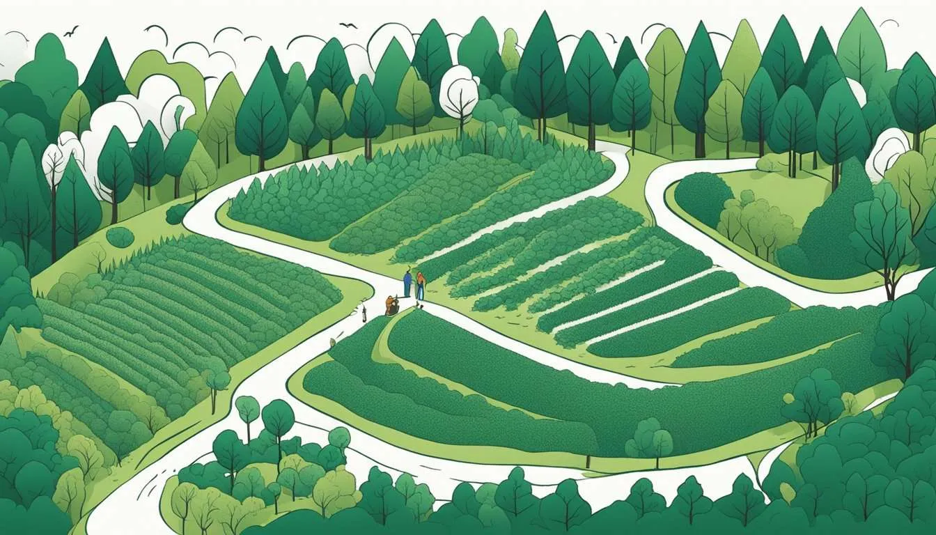 Graphic representation of agricultural fields within a forest, showcasing the juxtaposition of cultivation and natural woodland.