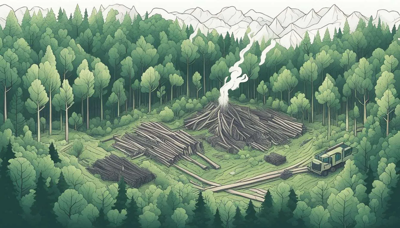 Artistic rendering of a forest scene with a central pile of burning logs, evoking the practice of slash-and-burn for land clearing.