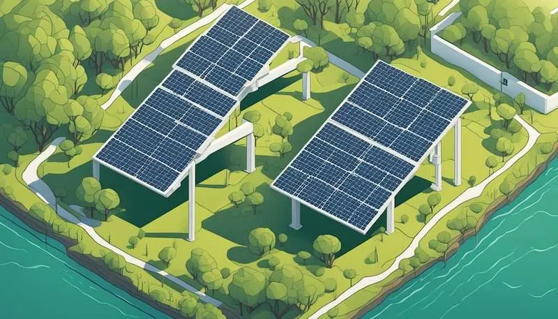 A sunny landscape with solar panels harnessing sunlight, reducing carbon emissions, and preserving natural resources, clean air and water