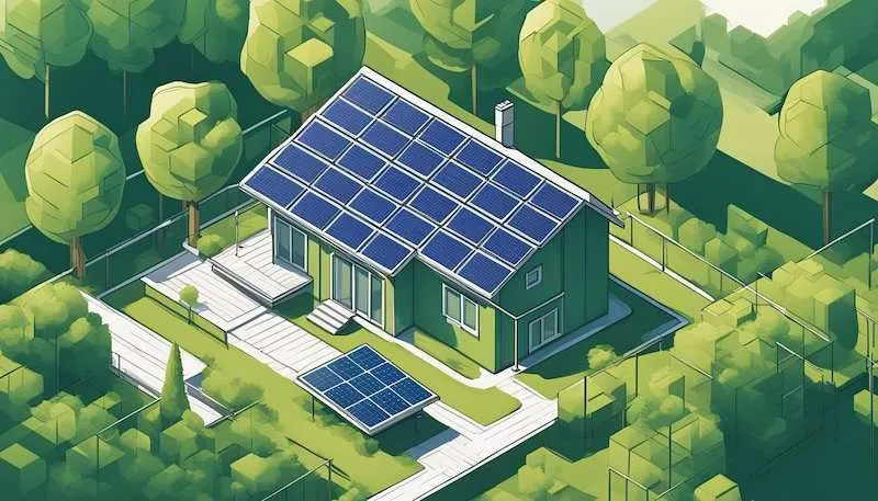 A sunny day with solar panels on a rooftop, surrounded by greenery. Energy bills decrease while the environment benefits from clean, renewable energy
