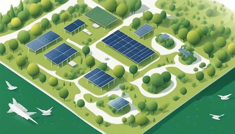 A sunny landscape with solar panels, clean air, and wildlife thriving