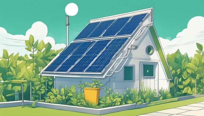 A solar panel on a rooftop with a small water pump connected, surrounded by greenery. The sun is shining brightly, and there is a clear blue sky in the background