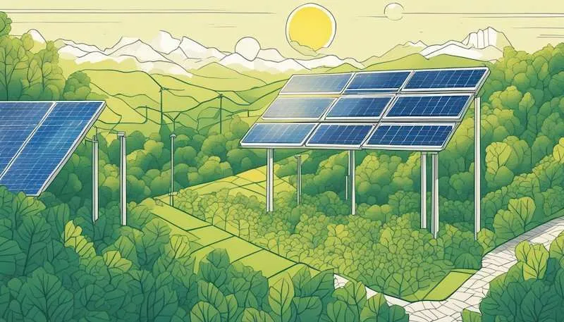 Solar panels on rooftops, converting sunlight into clean energy. Trees and plants flourishing nearby. Reduced carbon emissions and pollution