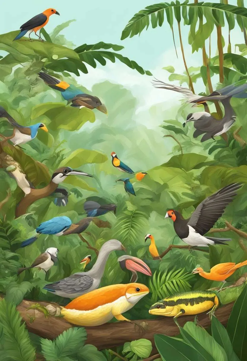 Decomposers break down dead organisms. Scavengers feed on carcasses. Nutrient cycling recycles essential elements. Tropical rainforest food chain