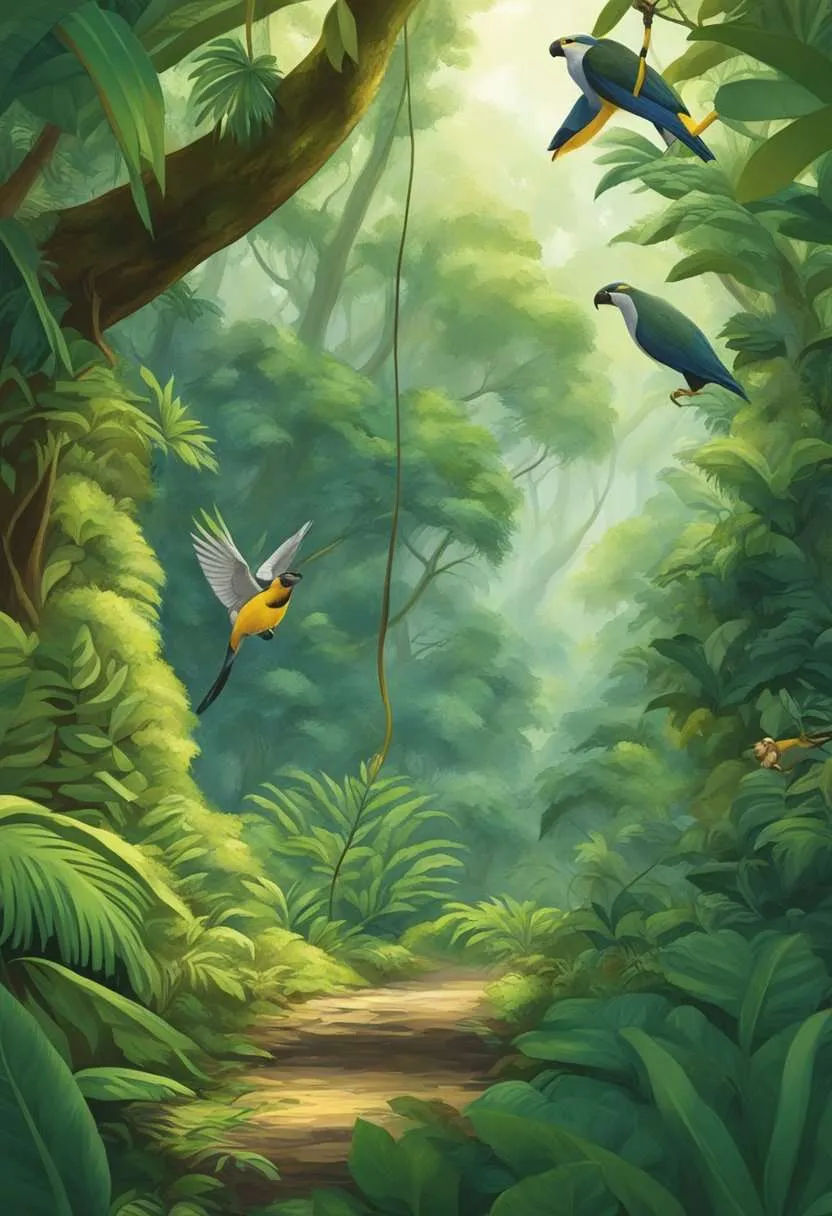 Lush rainforest teems with life: insects crawl, birds chirp, and monkeys swing through the canopy. Plants provide nourishment for herbivores, while predators lurk in the shadows.