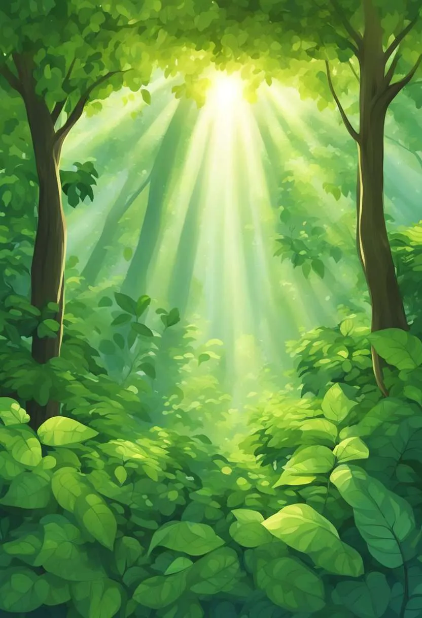 Sunlight filters through dense canopy, illuminating vibrant green foliage. Producers like trees, plants, and vines thrive, sustaining the diverse food chain