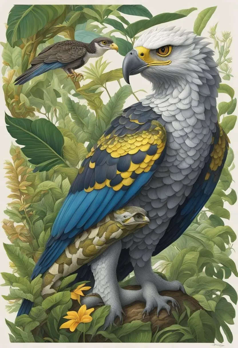 A snake slithers through the dense underbrush, hunting a colorful tree frog. Above, a majestic harpy eagle perches, searching for its next meal. The lush greenery teems with life, each creature playing a role in the intricate
