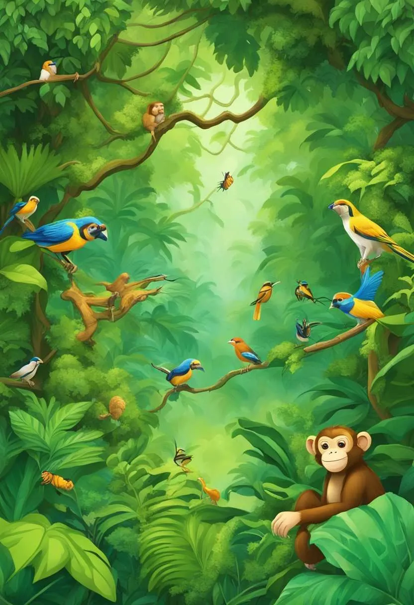 Lush green canopy teeming with life. Insects buzz, birds sing, and monkeys swing. Plants and trees form the foundation of the food chain.