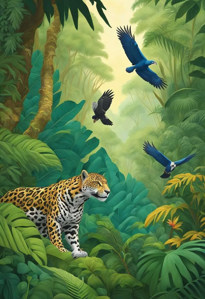 A jaguar stalks through the dense foliage, while a group of harpy eagles soar overhead. A snake slithers through the underbrush, hunting for its next meal. The vibrant colors of the tropical rainforest create a stunning backdrop.