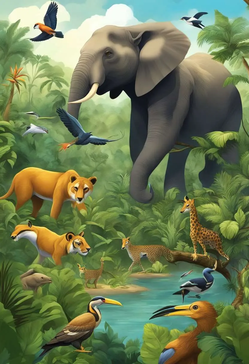 Animals hunt, eat, and interact in the lush, diverse tropical rainforest, showing the complex food chain in action.