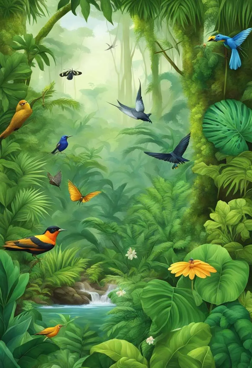 Lush green foliage teeming with diverse wildlife, from insects to birds, all vying for survival in the dense tropical rainforest.