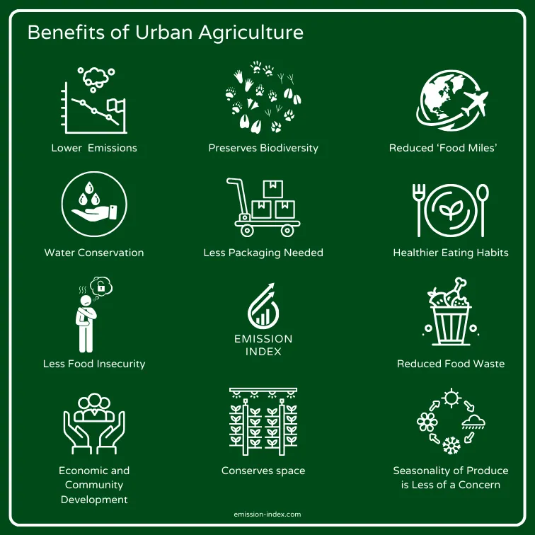 An infographic detailing the benefits of urban agriculture. It includes icons and text for lower emissions, biodiversity preservation, reduced ‘food miles’, water conservation, less packaging needed, healthier eating habits, decreased food insecurity, economic and community development, space conservation, and reduced concerns about the seasonality of produce. The Emission Index logo is at the center, emphasizing the environmental focus of the information presented.