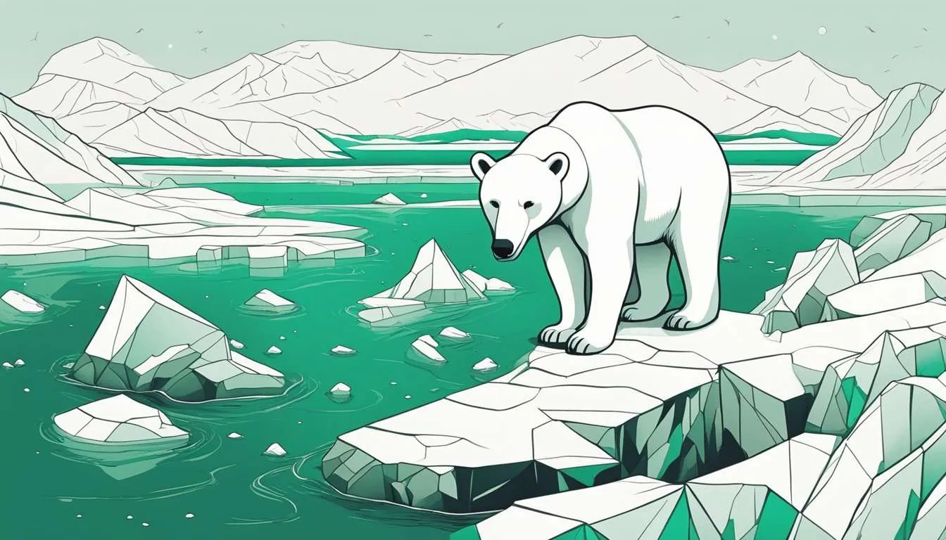 A polar bear struggles to find food on melting ice, surrounded by barren landscapes and dying wildlife