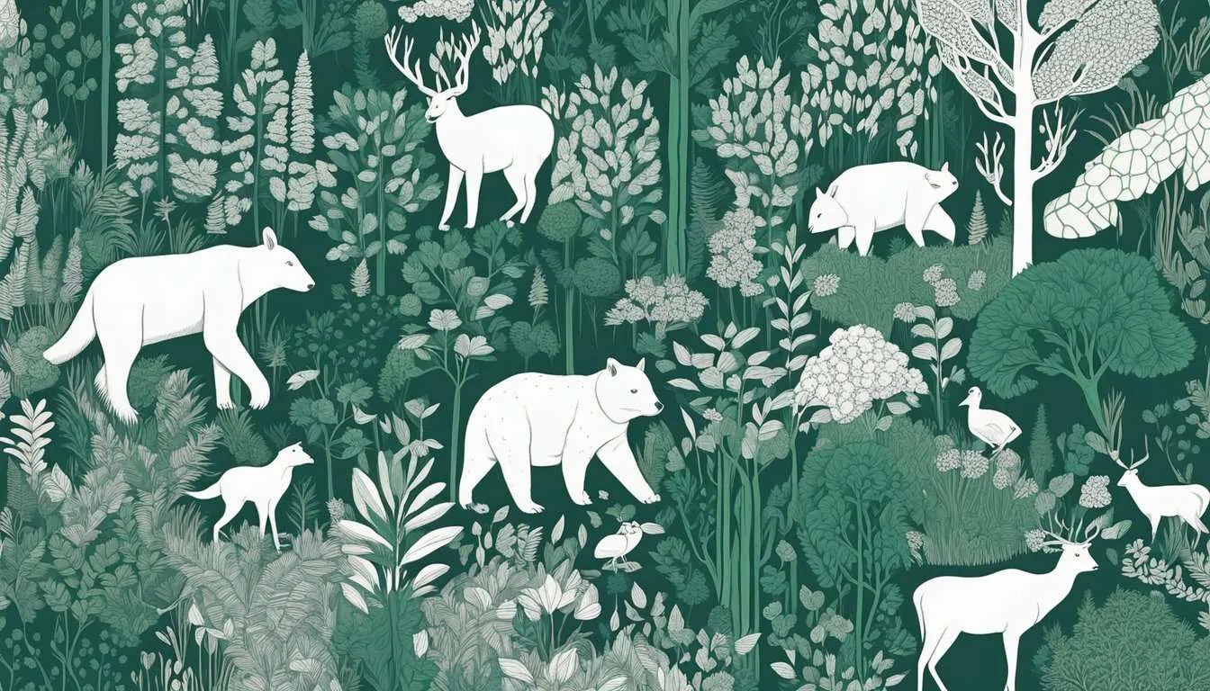 A dense forest with diverse plant and animal species interacting in their natural habitat, highlighting the delicate balance of biodiversity