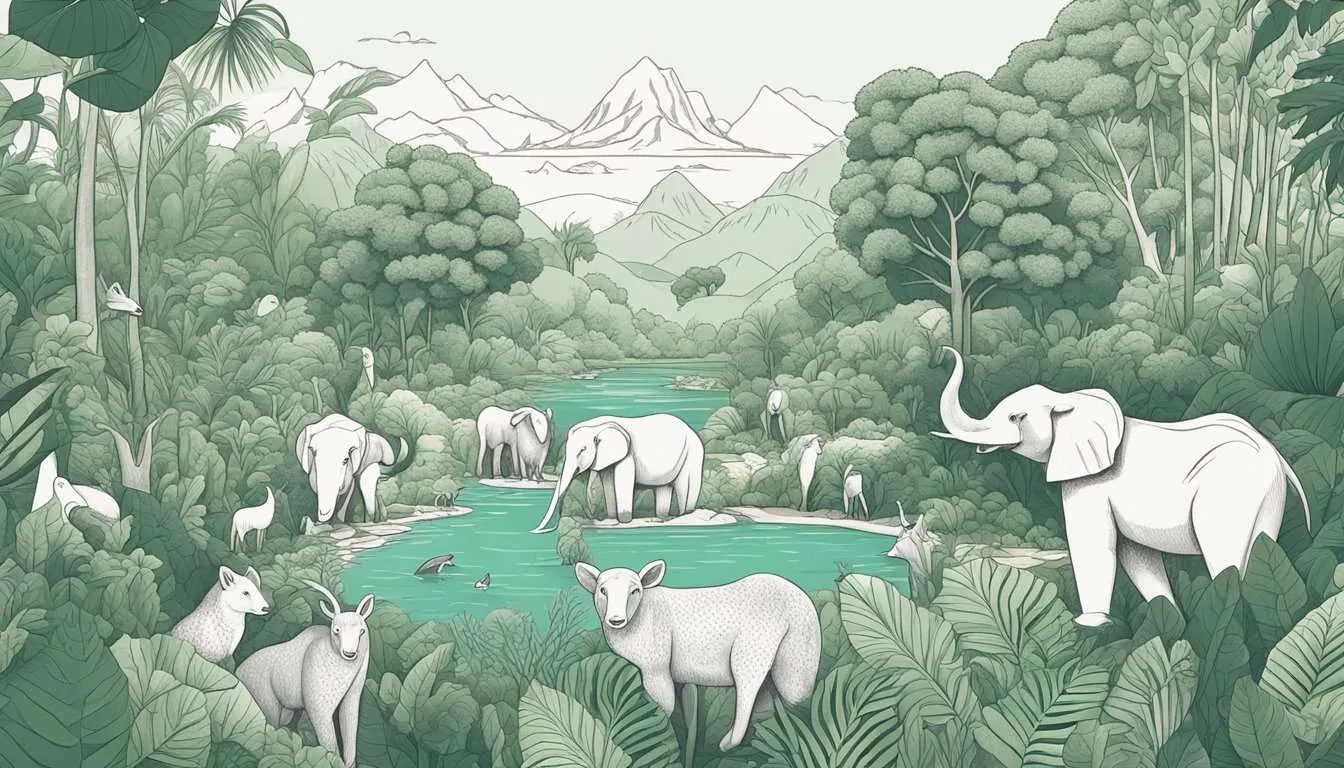 A group of animals in their natural habitat, surrounded by lush greenery and clean water sources, with signs of human conservation efforts such as protected areas and wildlife corridors
