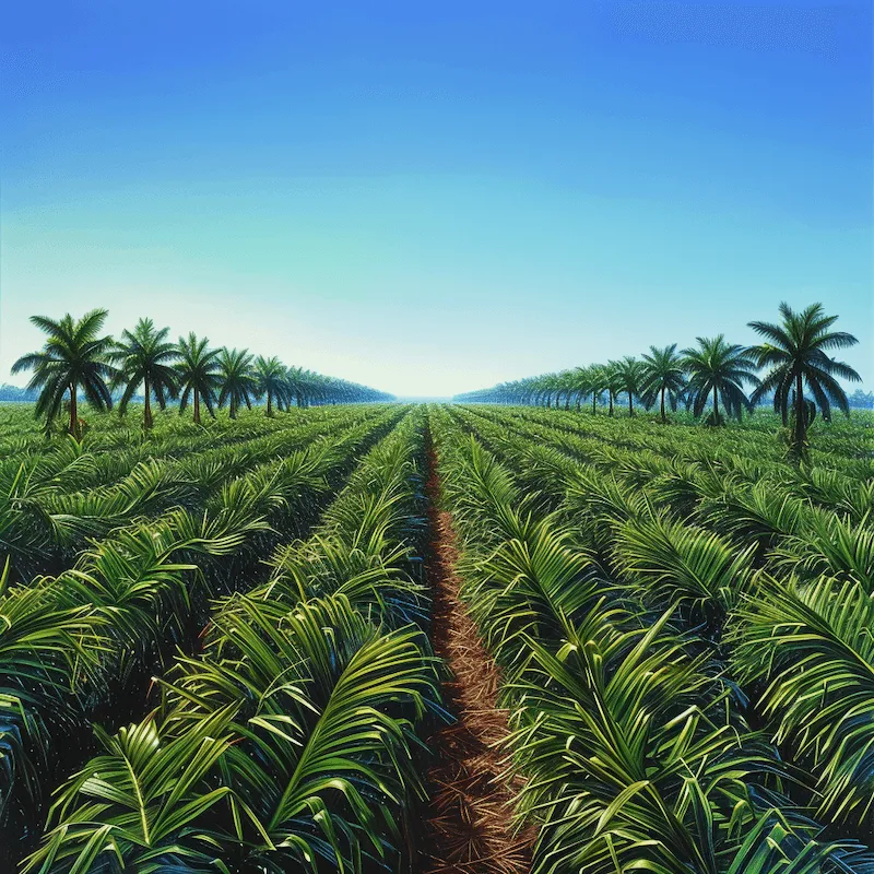 A photorealistic view of a vast palm oil plantation under a clear blue sky. The image captures the dense rows of palm trees, their fronds creating a textured green canopy. In the background, the horizon meets the clear blue sky, emphasizing the extensive scale of the plantation. The perspective is from the ground level, providing a viewer’s eye view that highlights the orderly arrangement of the trees and the narrow paths between them, used for maintenance and harvesting