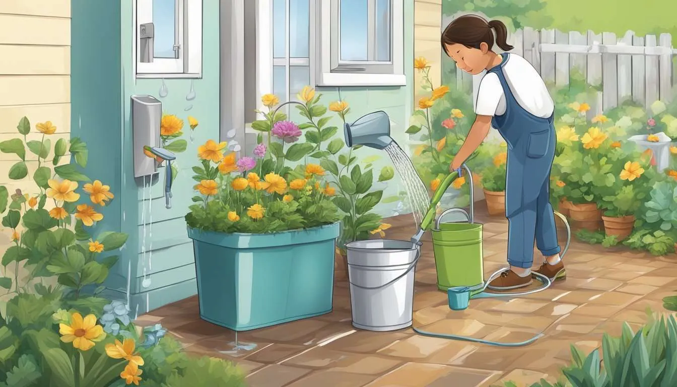 A faucet dripping into a bucket, a rain barrel collecting water, a garden being watered with a watering can.
