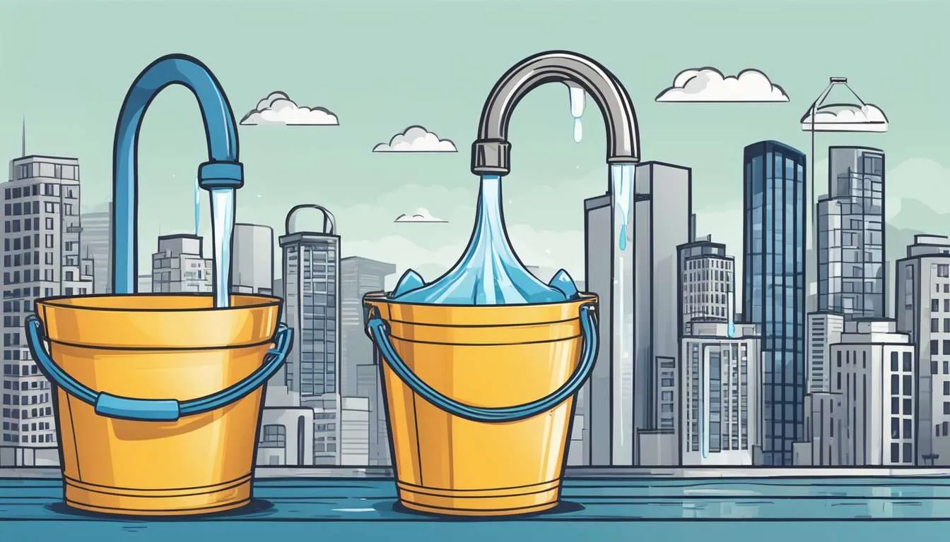 A faucet dripping into a bucket representing water conservation facts, and a city skyline in the background