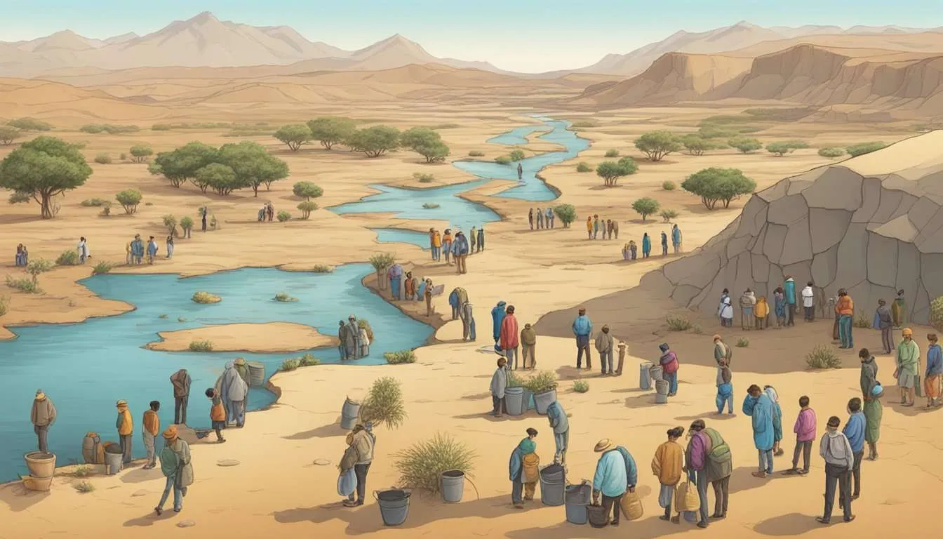 Dry cracked earth, wilted plants, empty reservoirs, parched animals, and people queuing for water.