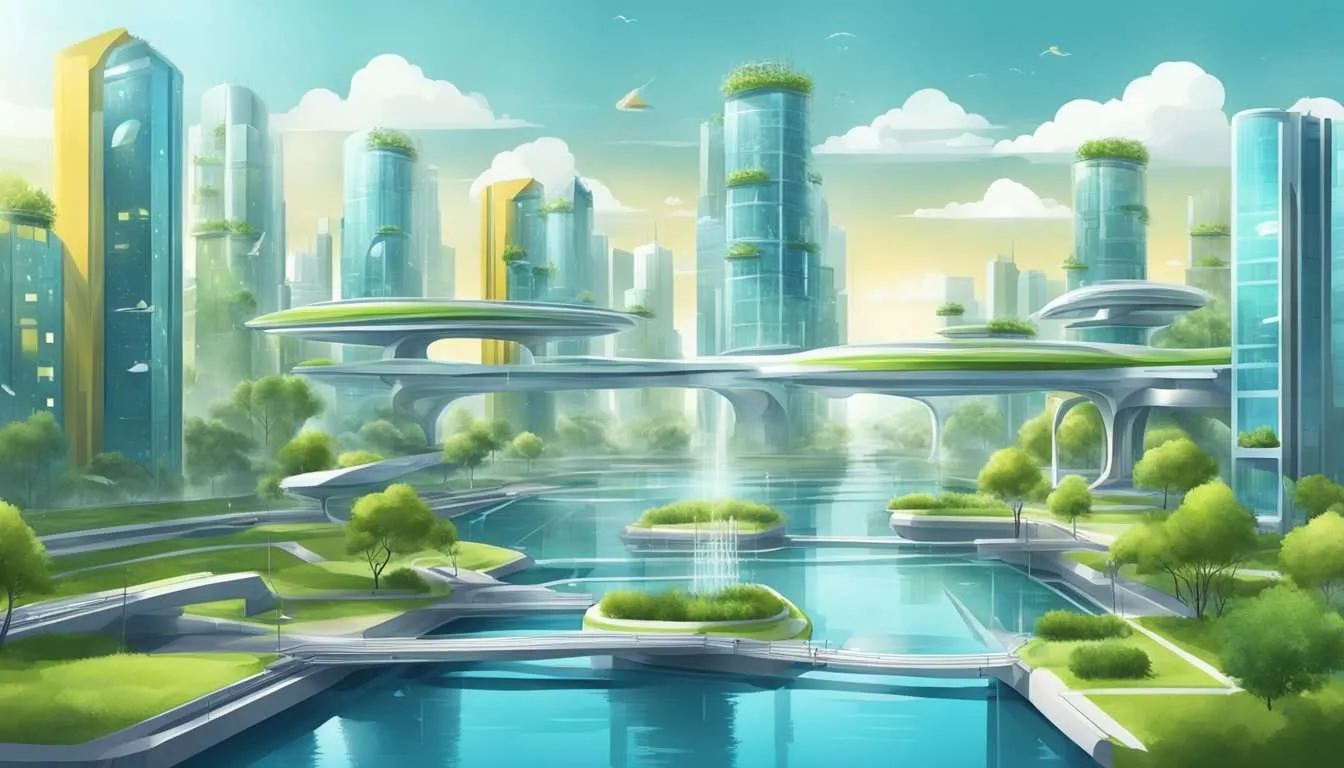 A futuristic city with water-saving technologies: smart irrigation systems, rainwater harvesting, and efficient plumbing in buildings.