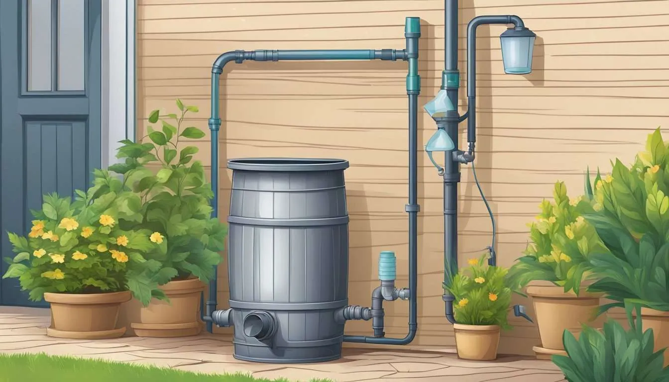 A rain barrel collects water from a downspout. Drip irrigation system waters plants. Greywater is reused for flushing toilets.