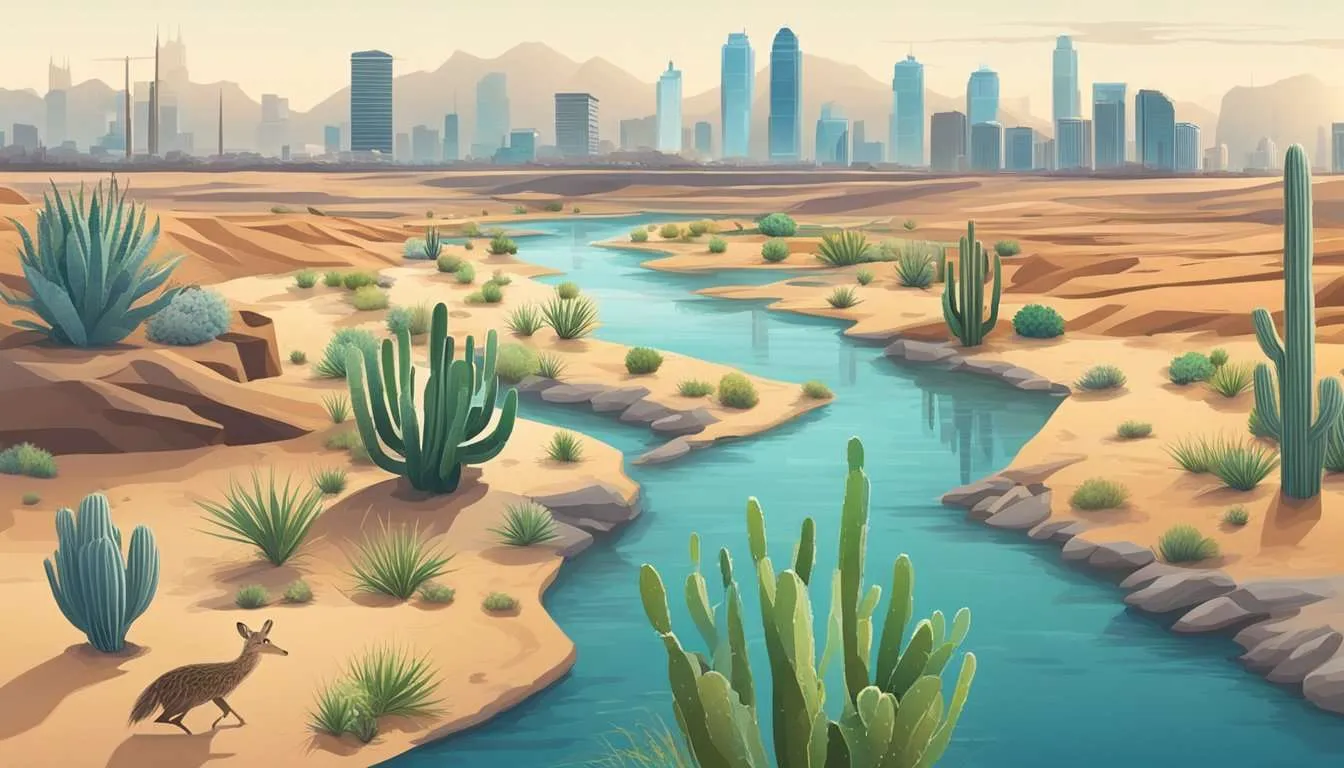 A flowing river with diverse wildlife, a dry desert with a single cactus, and a city skyline with water-saving infrastructure.